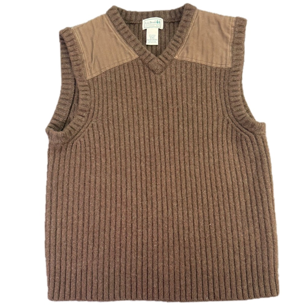 LL Bean Sweater Vest Mens M Brown Merino Lambswool Ribbed Shooting Patch 282950